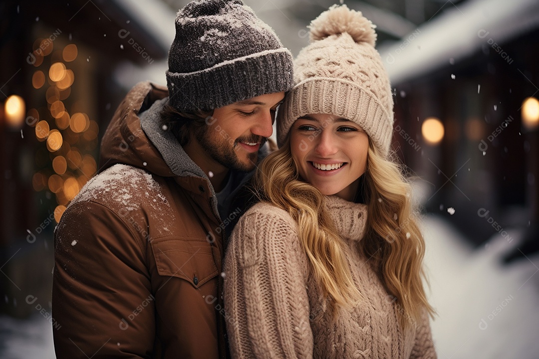 Casal feliz apaixonado se divertindo com roupa de tricô
