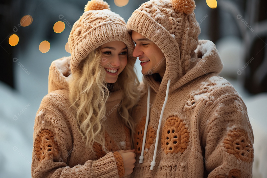 Casal feliz apaixonado se divertindo com roupa de tricô
