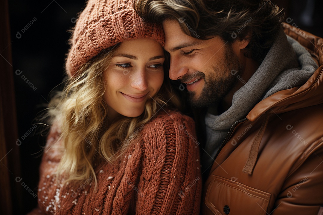 Casal feliz apaixonado se divertindo com roupa de tricô