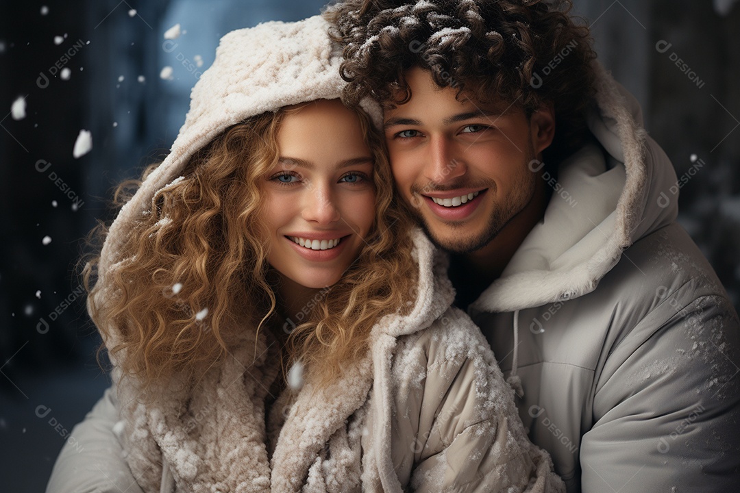 Casal feliz apaixonado se divertindo com roupa de tricô