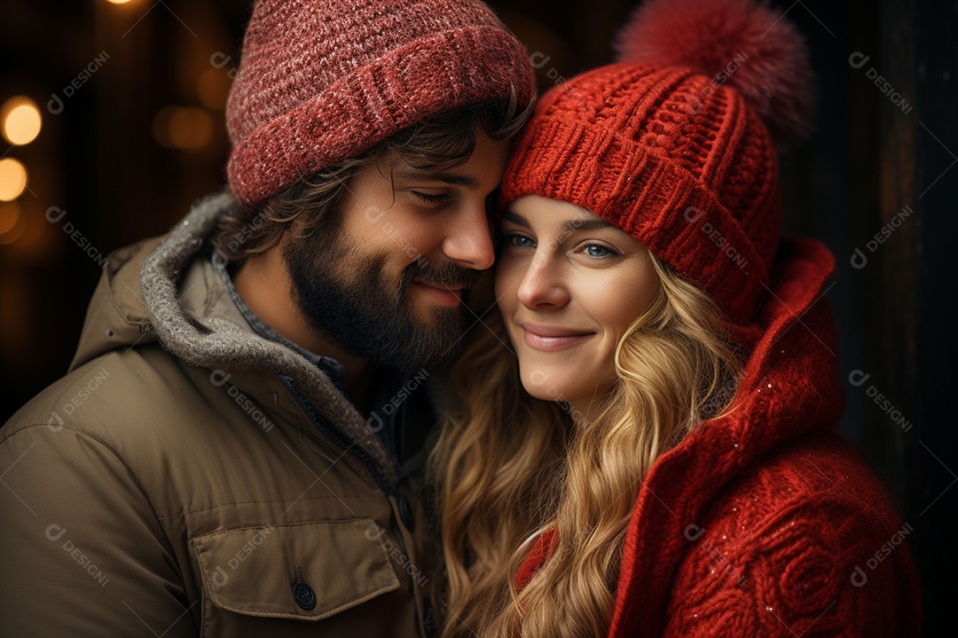 Casal feliz apaixonado se divertindo com roupa de tricô