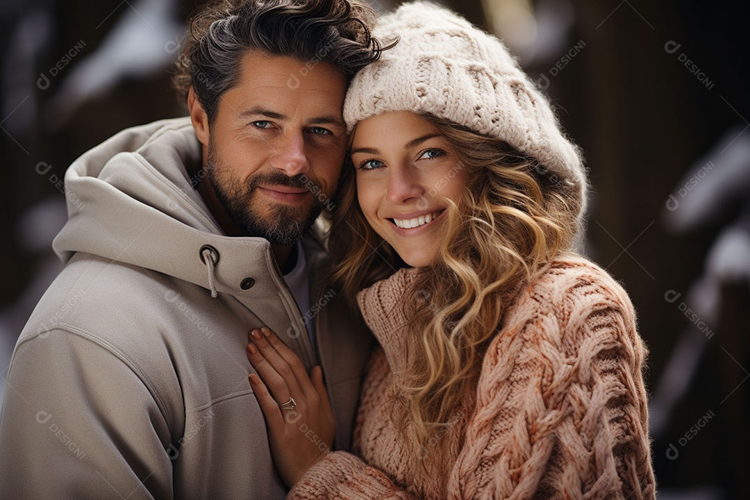 Casal feliz apaixonado se divertindo com roupa de tricô