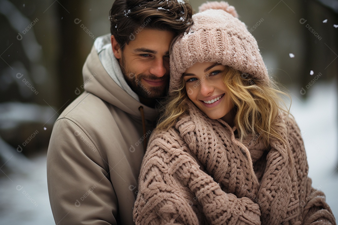 Casal feliz apaixonado se divertindo com roupa de tricô