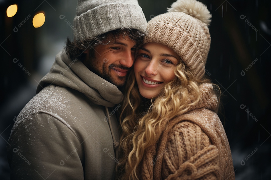 Casal feliz apaixonado se divertindo com roupa de tricô