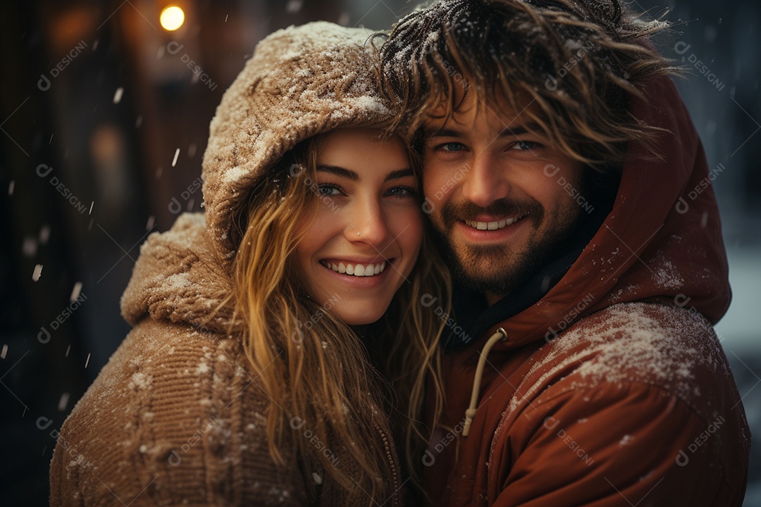Casal feliz apaixonado se divertindo com roupa de tricô