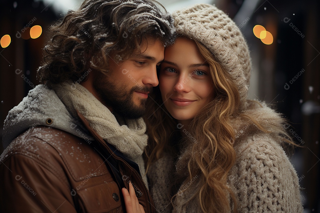 Casal feliz apaixonado se divertindo com roupa de tricô