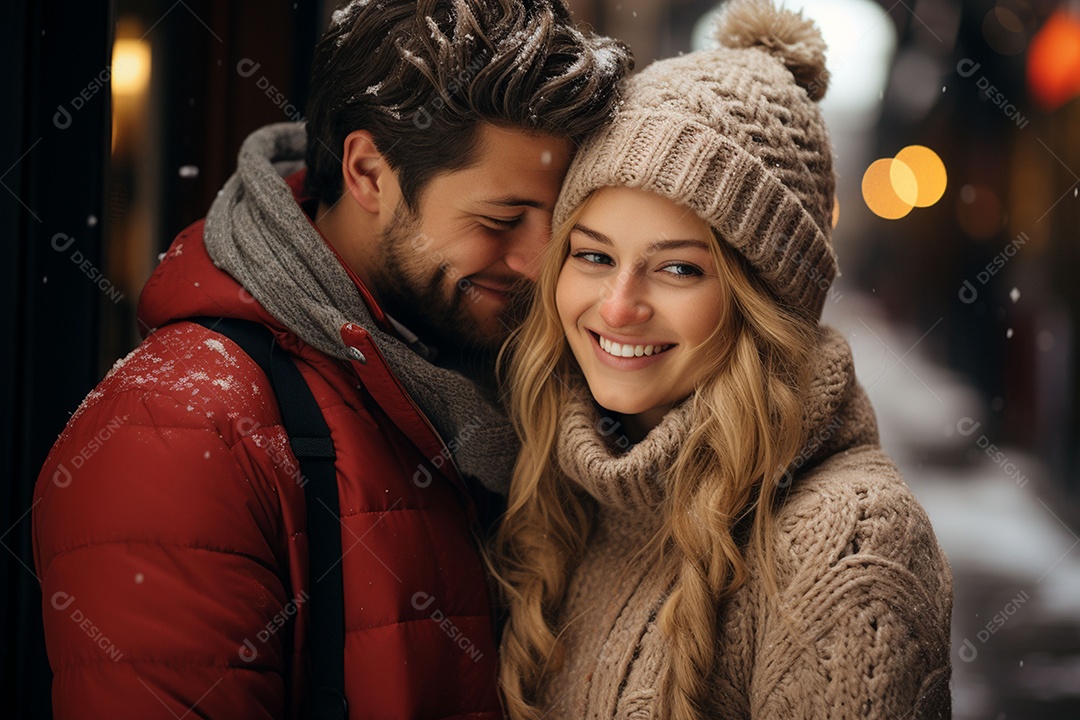 Casal feliz apaixonado se divertindo com roupa de tricô
