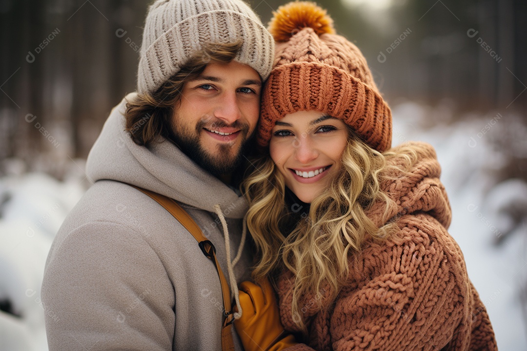 Casal feliz apaixonado se divertindo com roupa de tricô