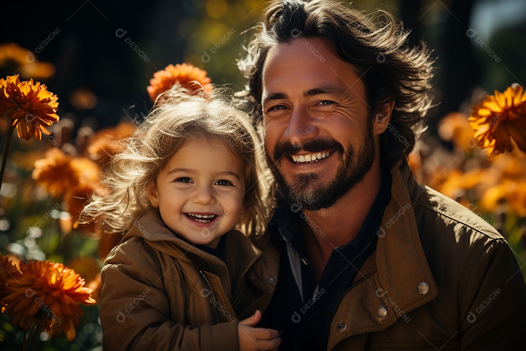 Pai feliz com filha pequena sob fundo de uma jardim