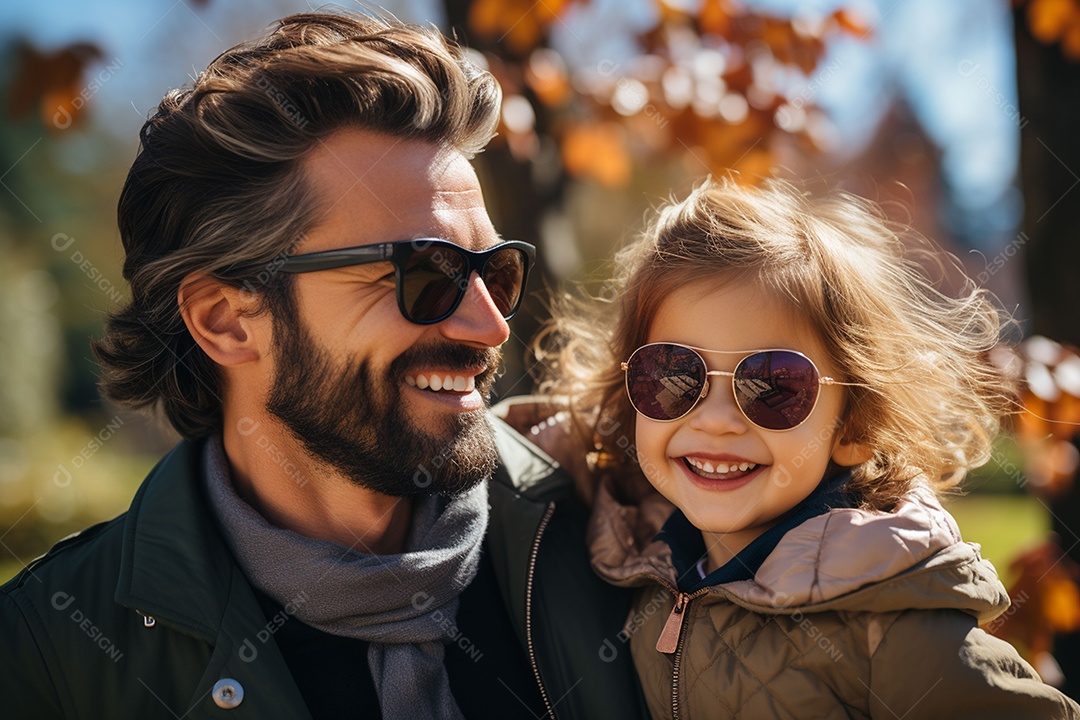 Pai feliz com filha pequena sob fundo de um jardim