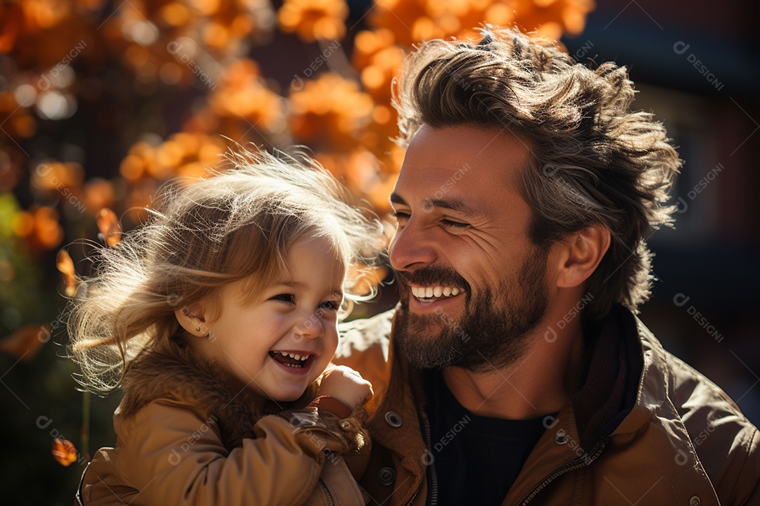 Pai feliz com filha pequena sob fundo de um jardim