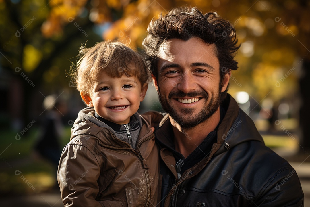 Pai feliz com filho pequeno sob fundo de um jardim