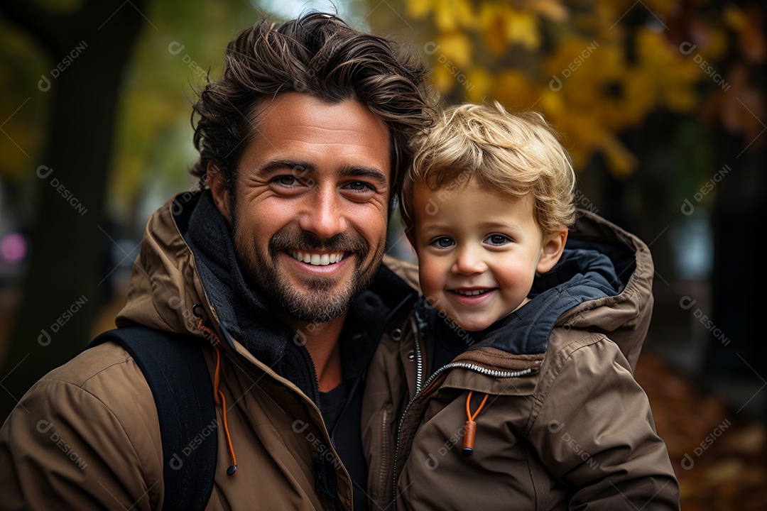 Pai feliz com filho pequeno sob fundo de um jardim