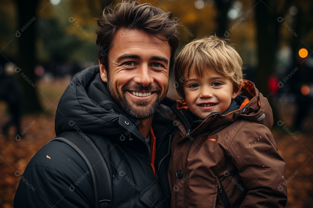 Pai feliz com filho pequeno sob fundo de um jardim