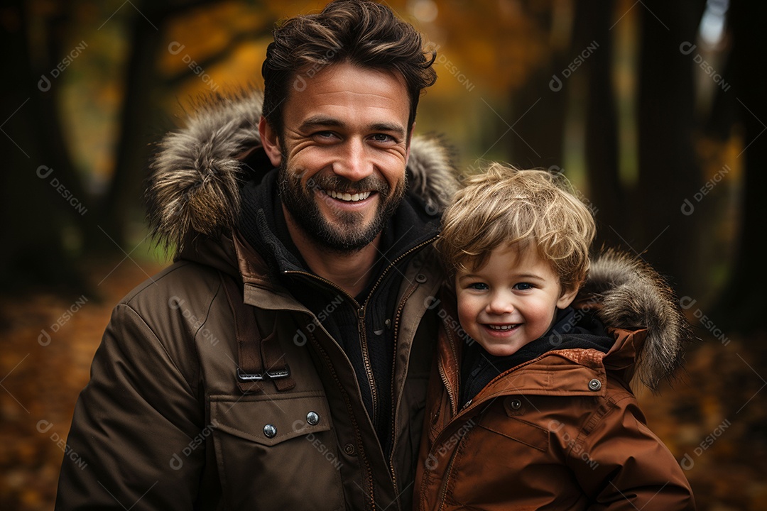 Pai feliz com filho pequeno sob fundo de um jardim