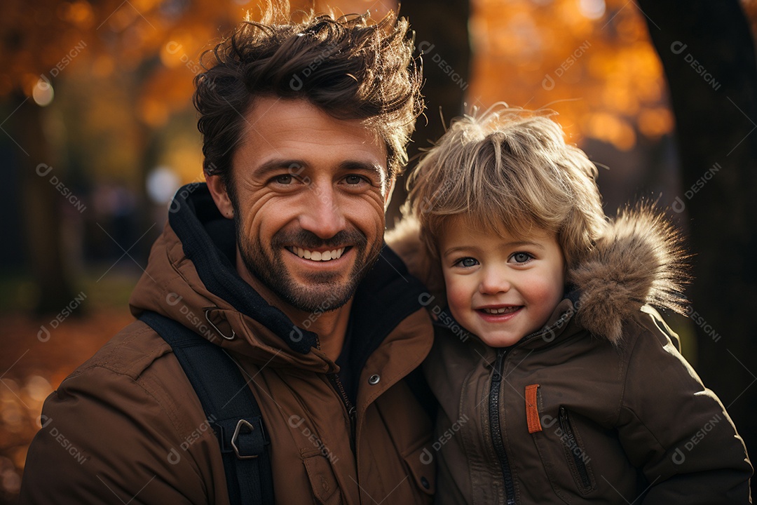 Pai feliz com filho pequeno sob fundo de um jardim