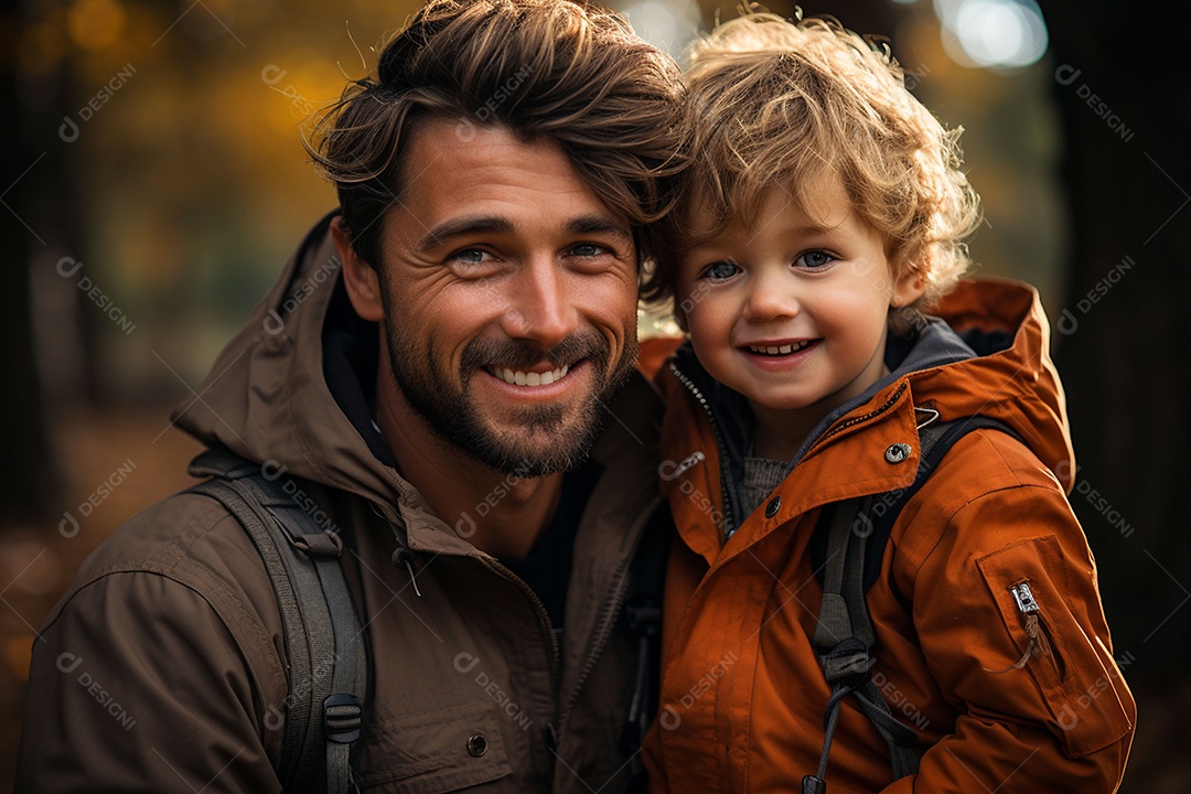 Pai feliz com filho pequeno sob fundo de um jardim