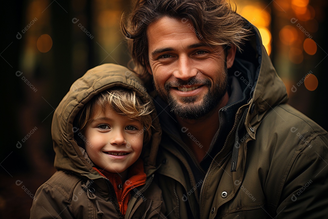 Pai feliz com filho pequeno sob fundo de um jardim