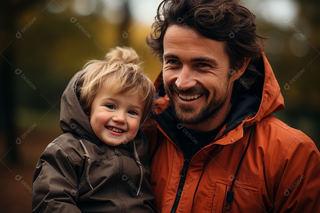 Pai feliz com filho pequeno sob fundo de um jardim
