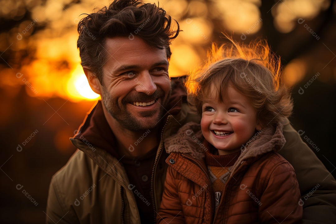 Pai feliz com filho pequeno sob fundo de um jardim