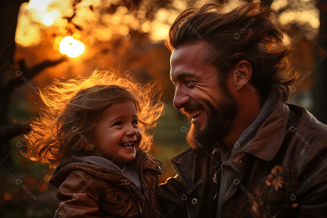 Pai feliz com filha pequena sob fundo de um jardim