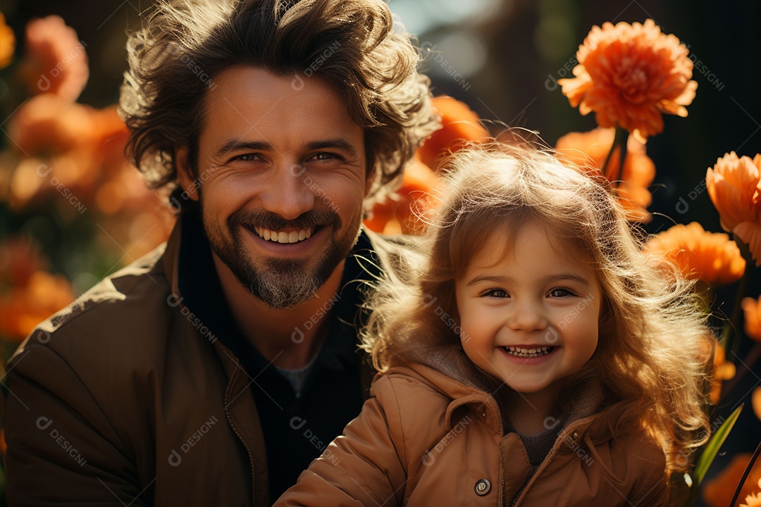 Pai feliz com filha pequena sob fundo de um jardim