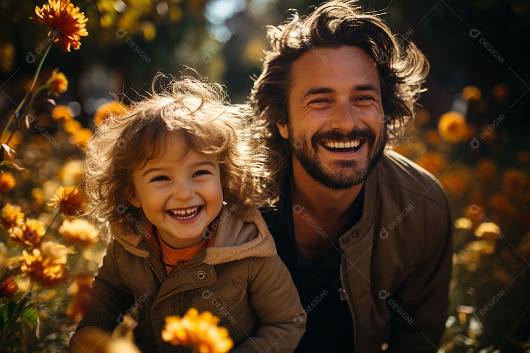 Pai feliz com filha pequena sob fundo de um jardim