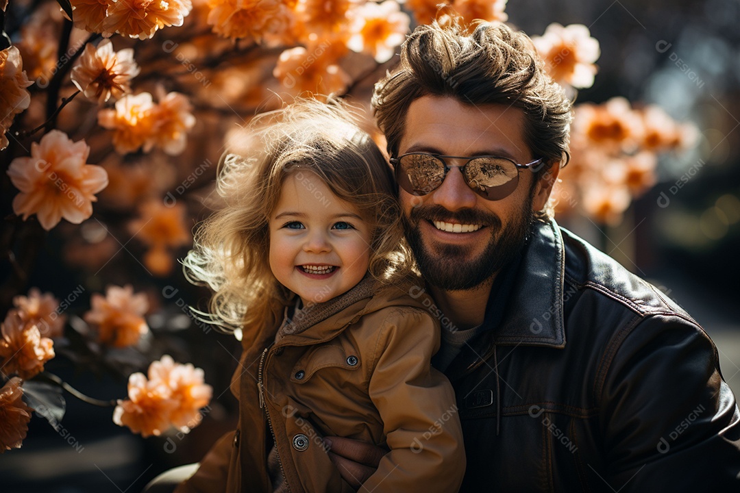 Pai feliz com filha pequena sob fundo de um jardim