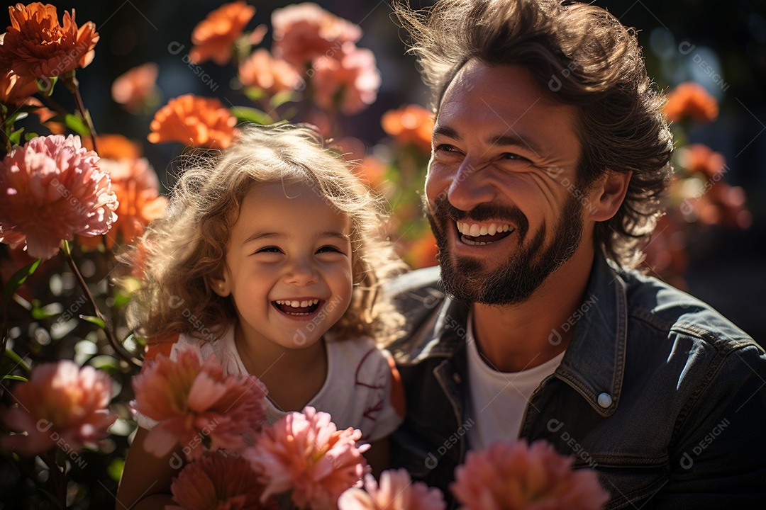 Pai feliz com filha pequena sob fundo de um jardim