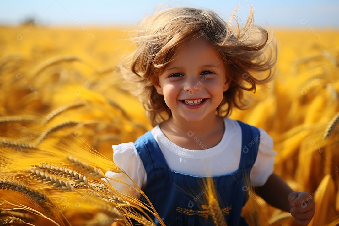 Uma criança fofa correndo nos campos
