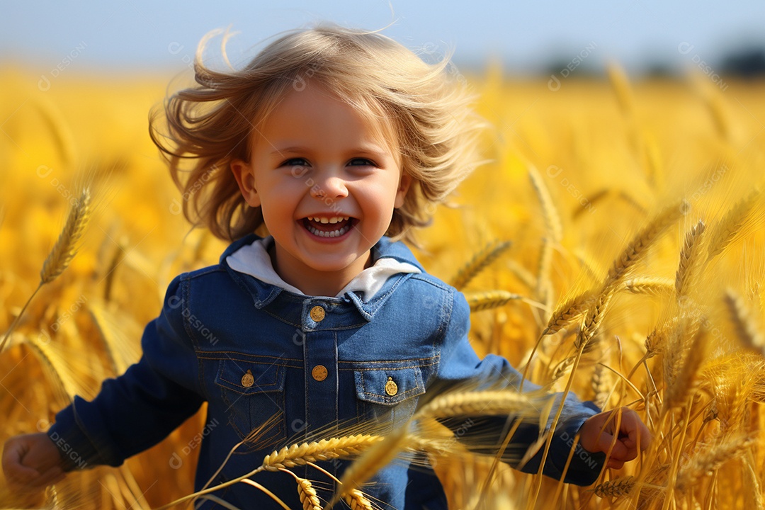 Uma criança fofa correndo nos campos