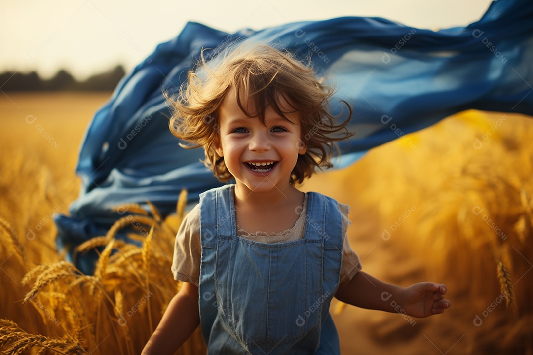 Uma criança fofa correndo nos campos