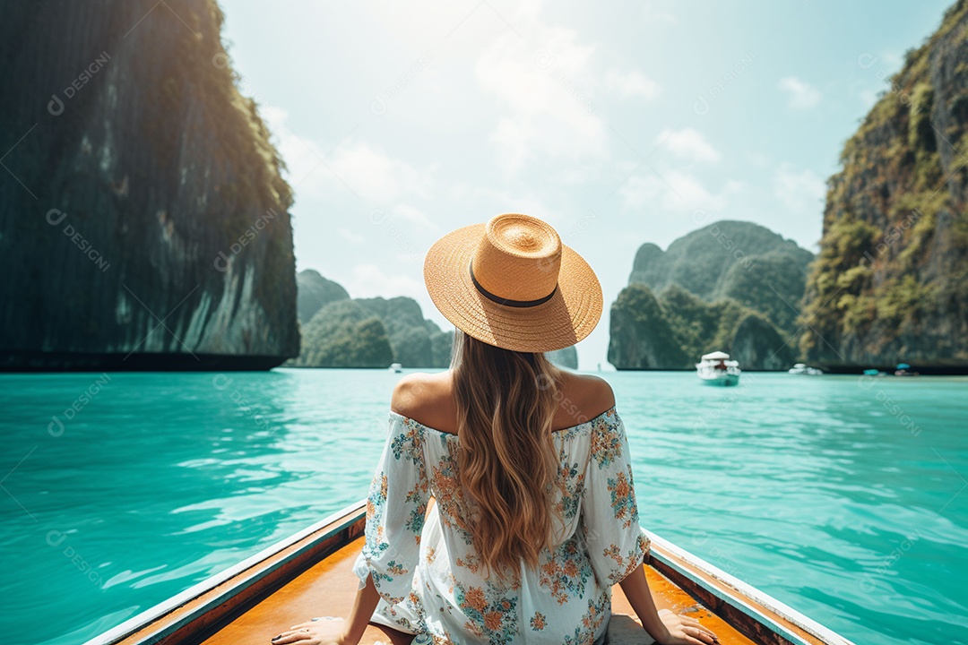 Mulher turista feliz em vestido branco de verão