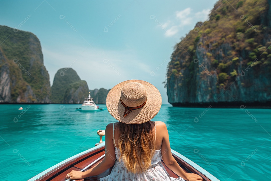 Mulher turista feliz em vestido branco de verão