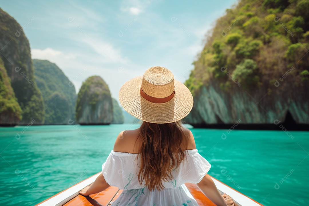 Mulher turista feliz em vestido branco de verão