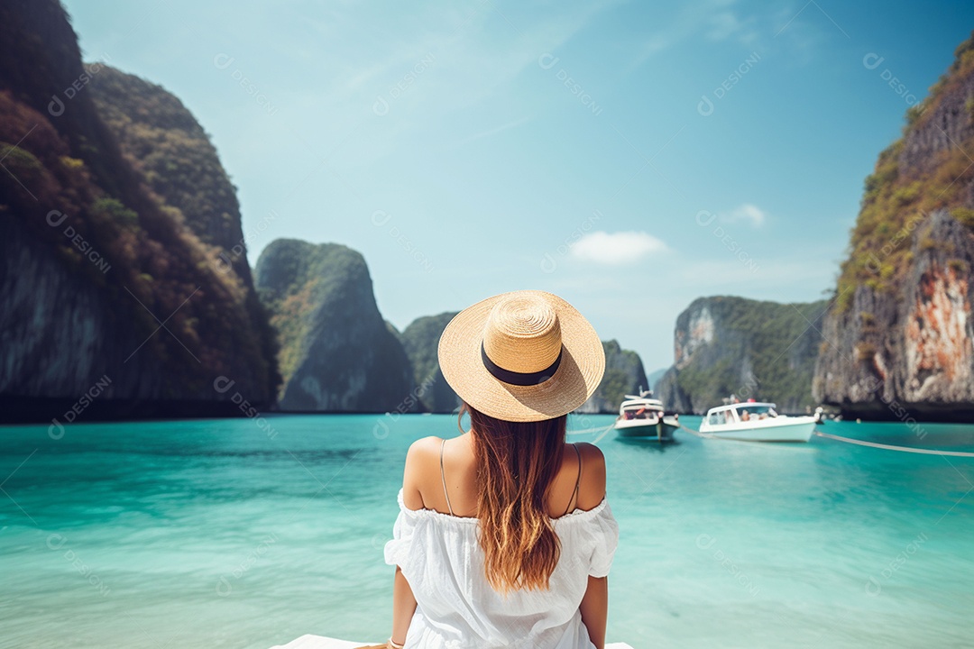 Mulher turista feliz em vestido branco de verão