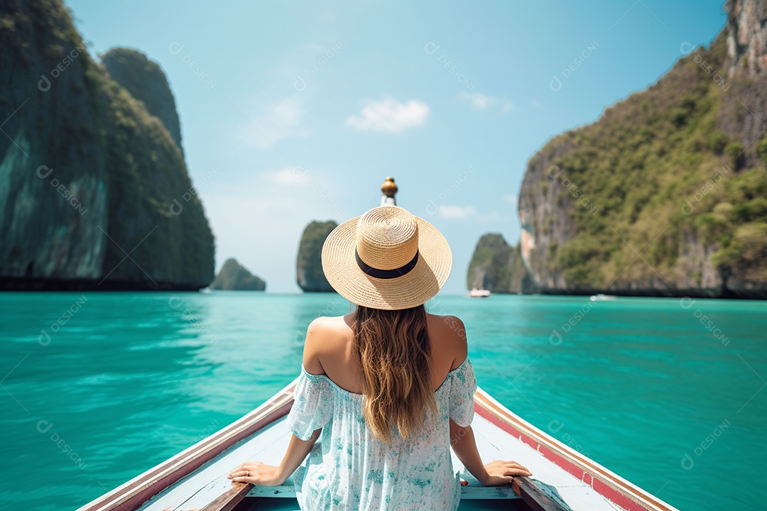 Mulher turista feliz em vestido branco de verão