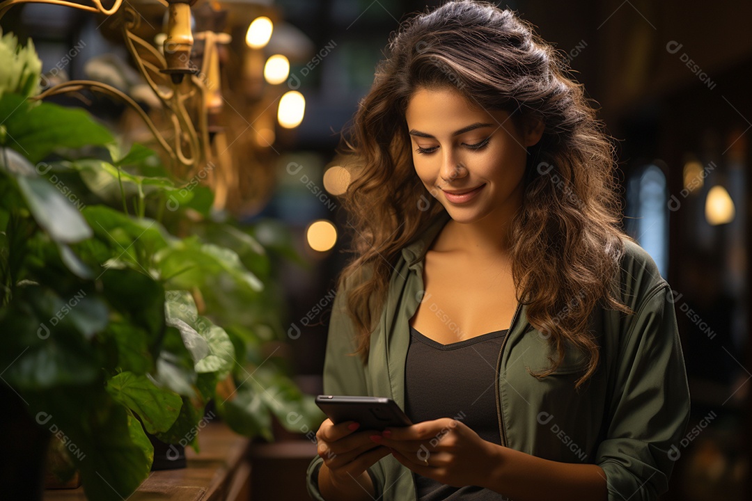 Mulher feliz usando smartphone de alta tecnologia
