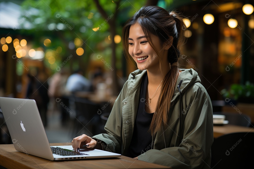 Mulher feliz usando notebook de alta tecnologia