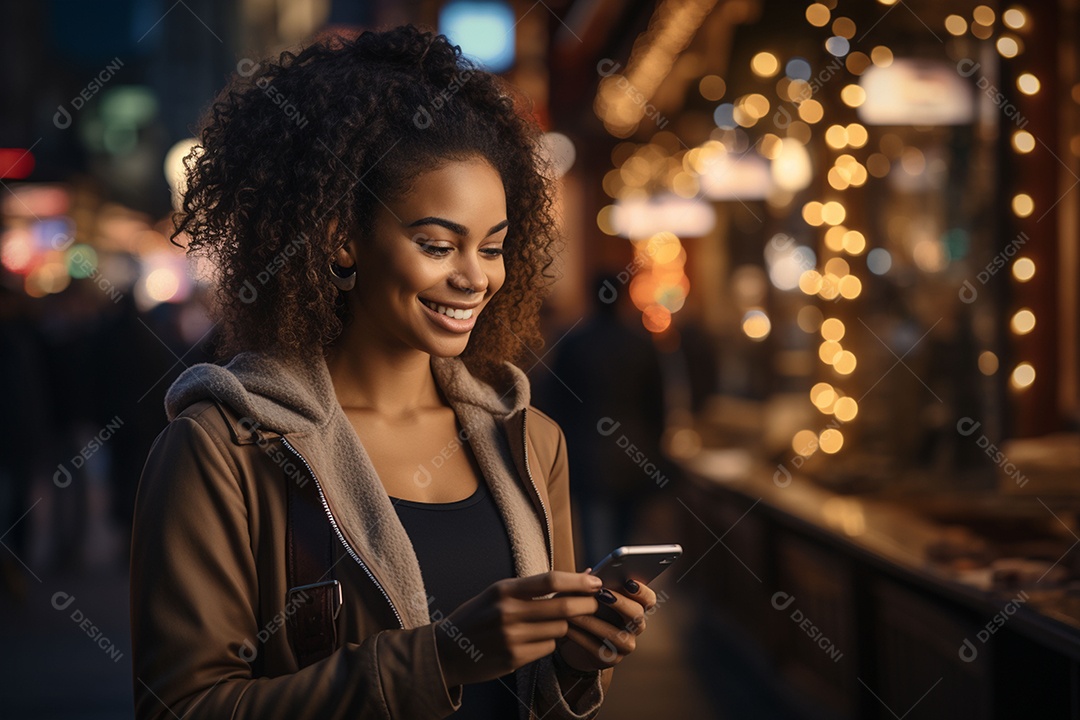Mulher feliz usando smartphone de alta tecnologia