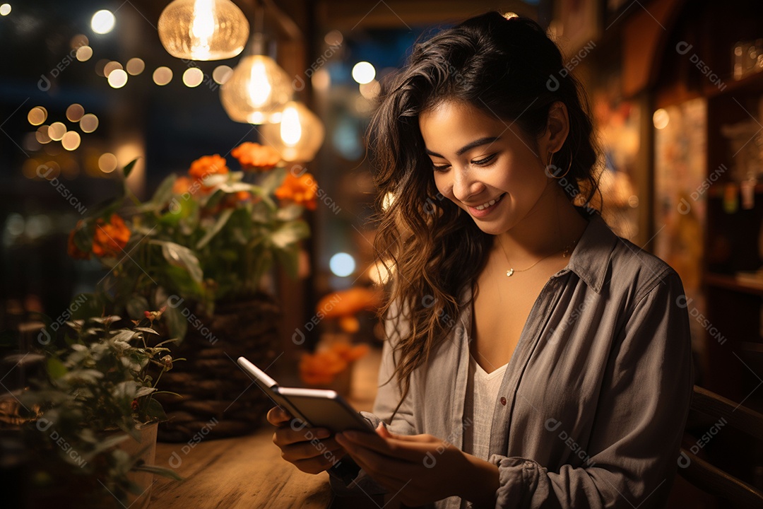Mulher feliz usando smartphone de alta tecnologia