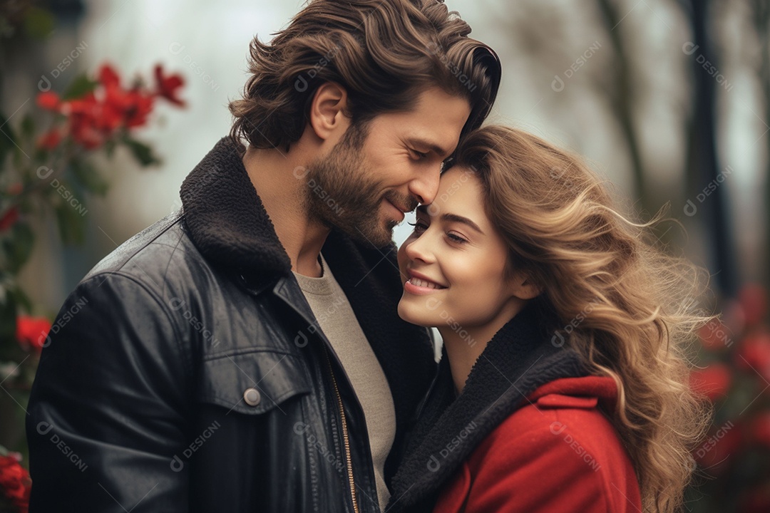 Jovem casal feliz sobre fundo desfocado