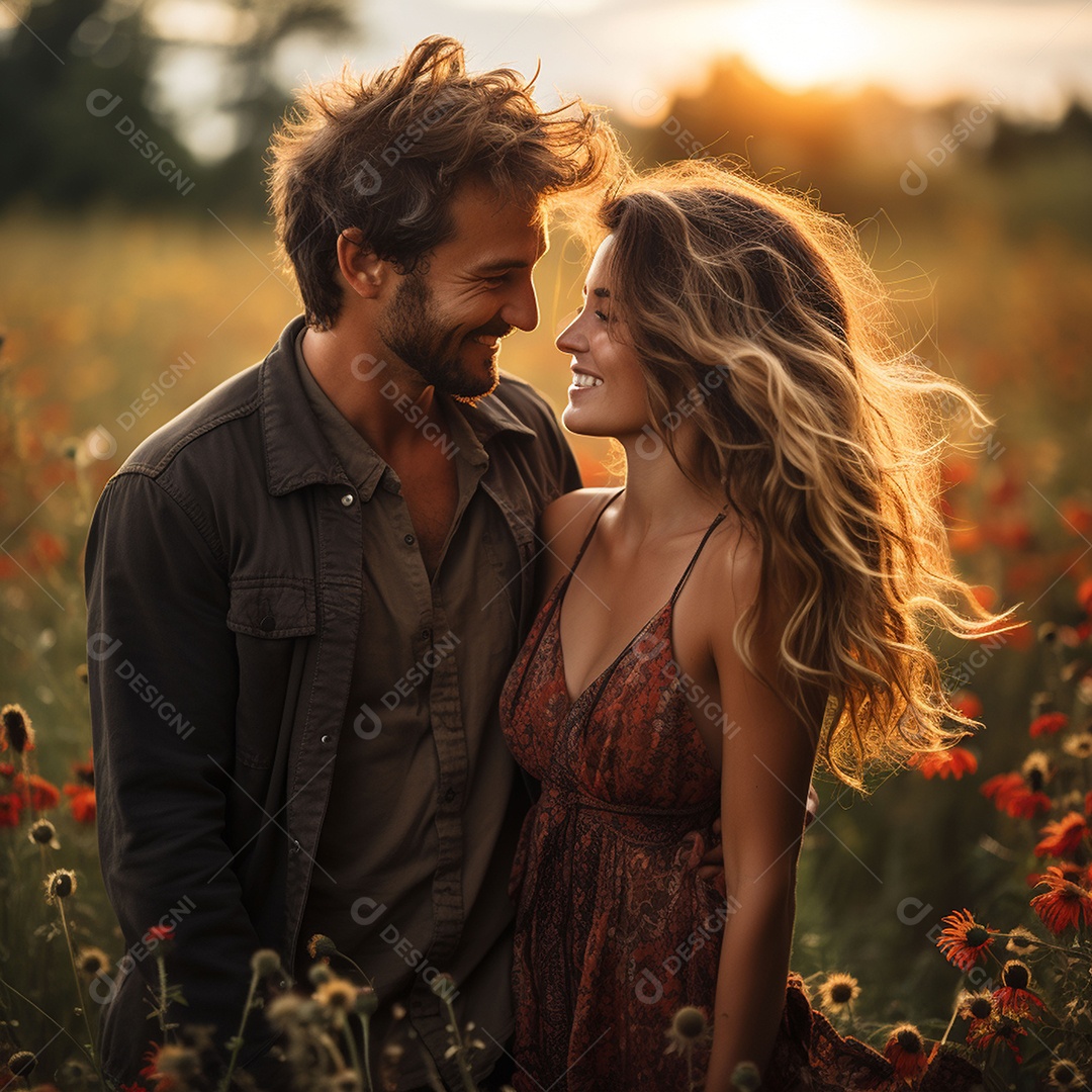 Jovem casal feliz sobre fundo desfocado