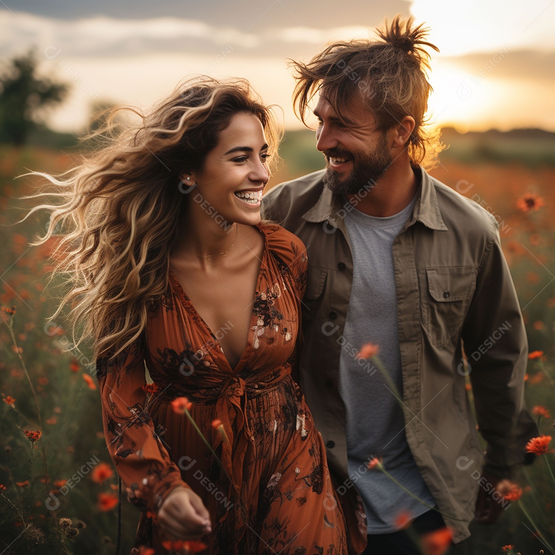 Jovem casal feliz sobre fundo desfocado