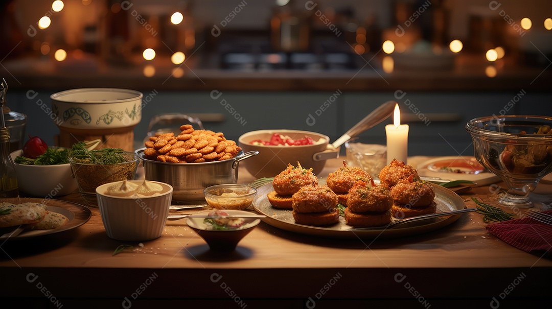 Cozinhar com pratos tradicionais e ingredientes de Hanukkah, como latkes, em um ambiente comemorativo
