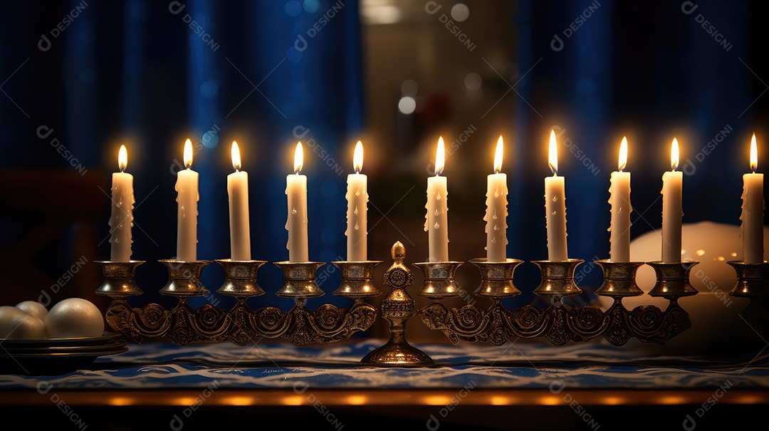 Cerimônia de acendimento das velas da menorá durante a celebração do Hanukkah. Atmosfera acolhedora e luzes de velas
