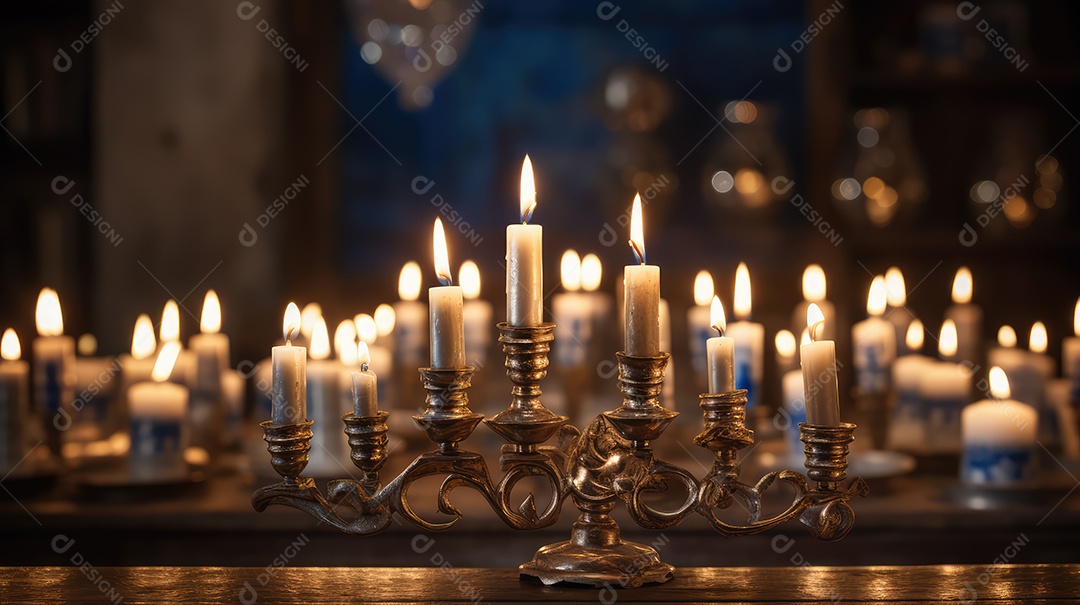 Cerimônia de acendimento das velas da menorá durante a celebração do Hanukkah. Atmosfera acolhedora e luzes de velas