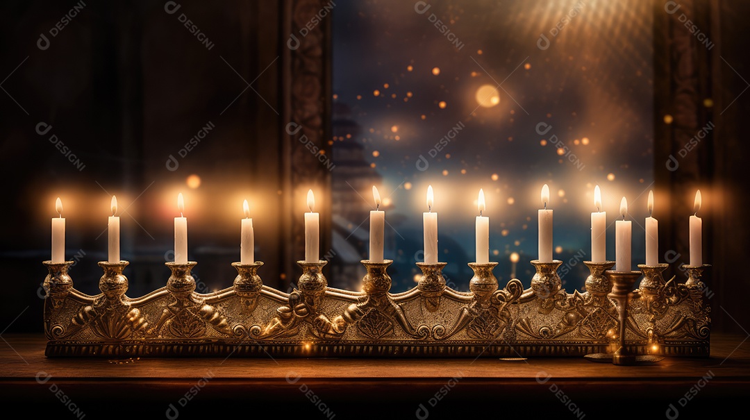 Cerimônia de acendimento das velas da menorá durante a celebração do Hanukkah. Atmosfera acolhedora e luzes de velas