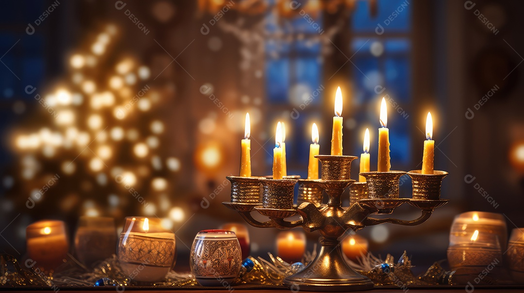 Cerimônia de acendimento das velas da menorá durante a celebração do Hanukkah. Atmosfera acolhedora e luzes de velas