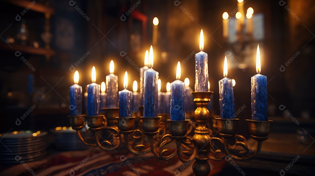 Cerimônia de acendimento das velas da menorá durante a celebração do Hanukkah. Atmosfera acolhedora e luzes de velas